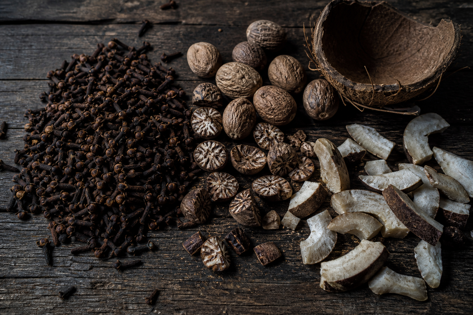 Dried cloves, nutmeg, copra and coconut shell on weathered wood