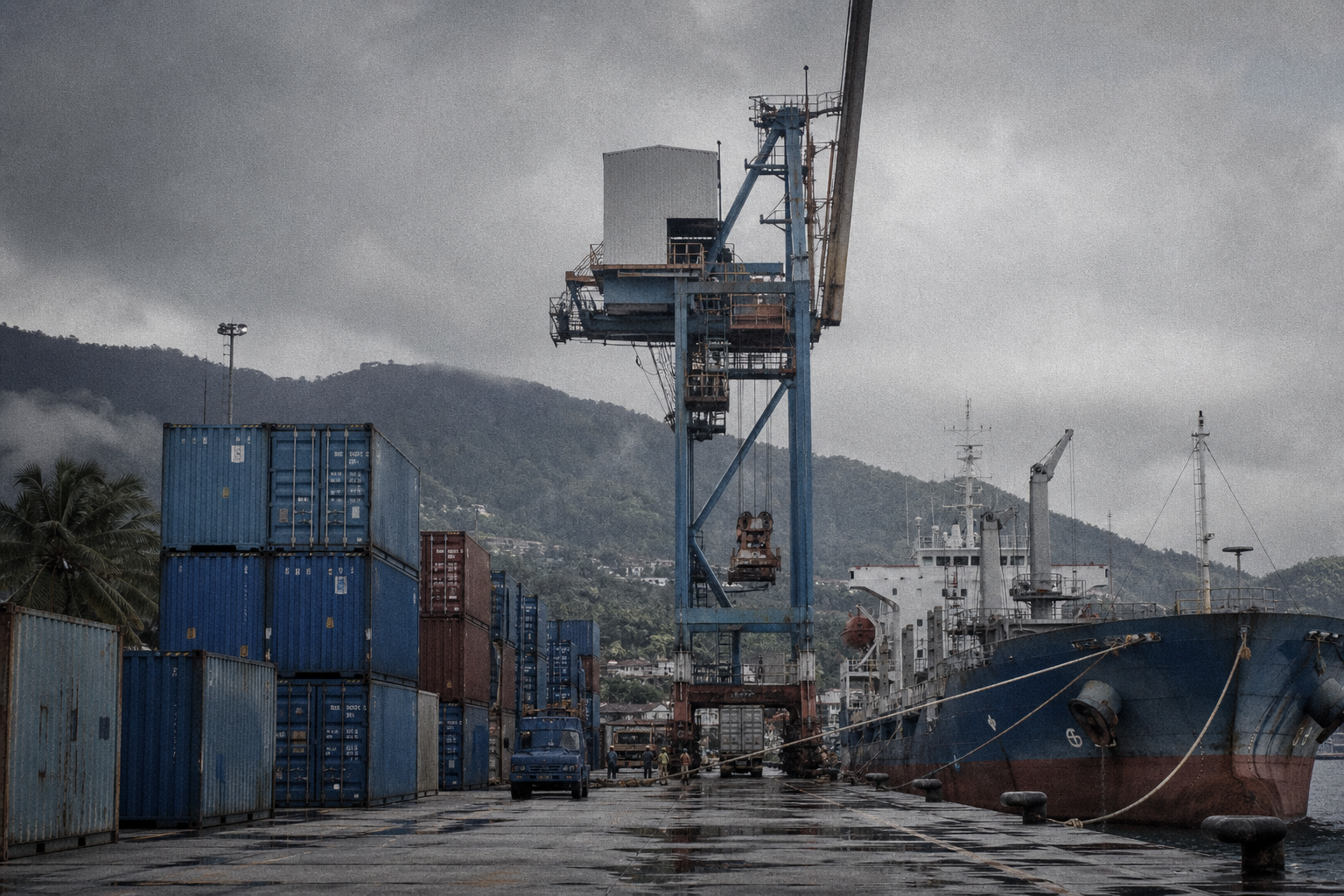 Container handling beside a cargo ship at Bitung port